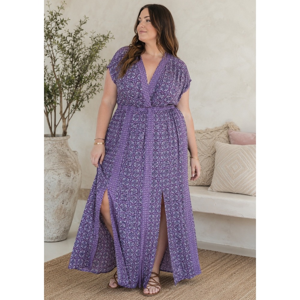 Lane Bryant Purple Medallion Print Maxi Dress 18/20 Surplice Slit Tie Back Boho